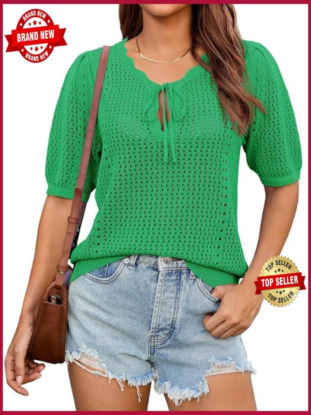Women's Puff Short Sleeve Crochet Tie Front V Neck Knit Top Summer Trendy